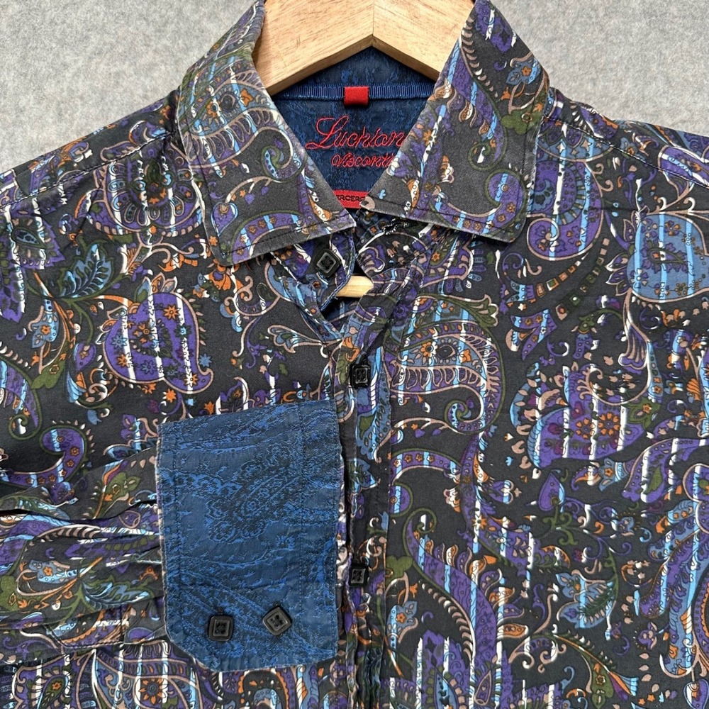 Luchiano Visconti Men Purple Paisley 2-Ply Mercerized Cotton Button Down Shirt M
